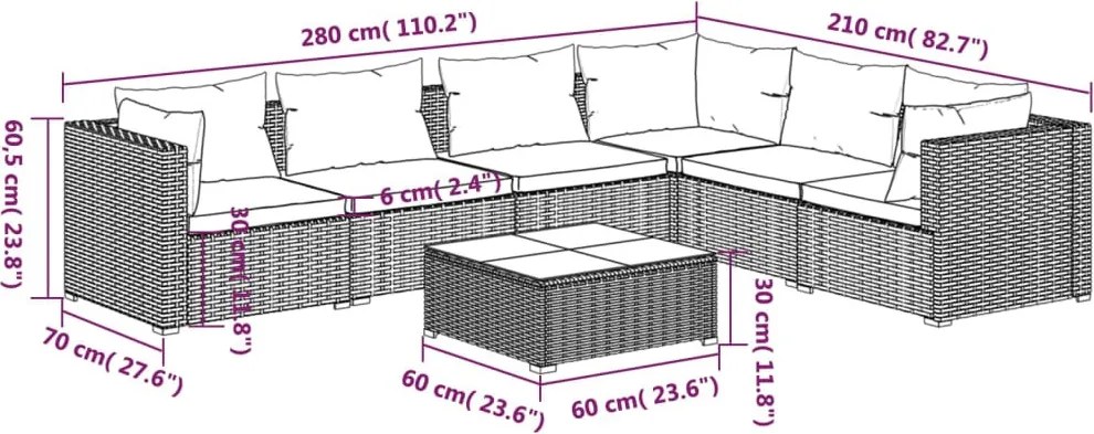 7 részes fekete polyrattan kerti ülőgarnitúra párnákkal