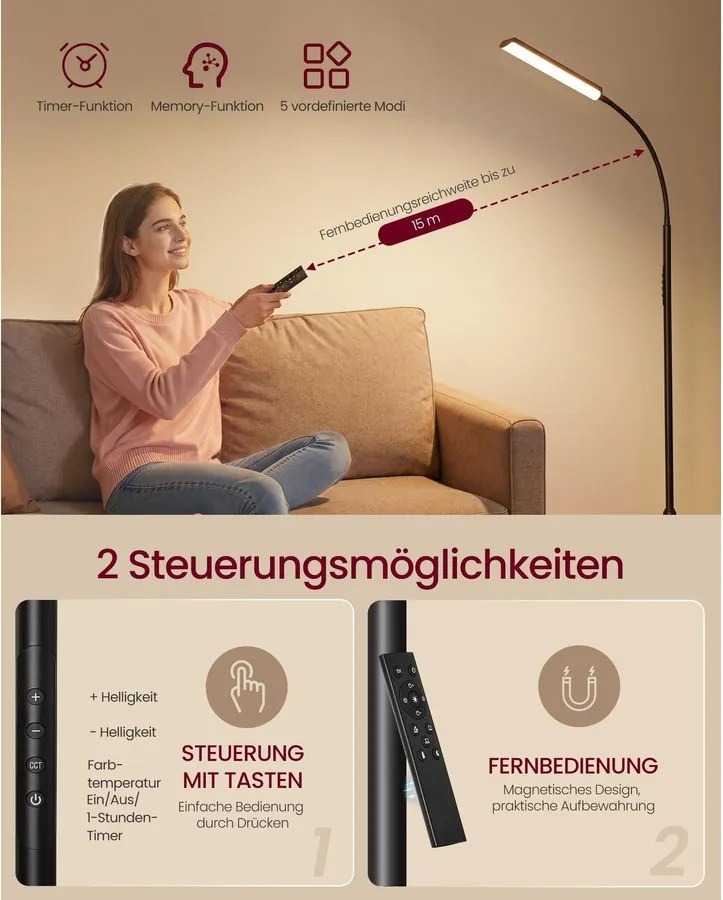 VASAGLE szabályozható LED állólámpa távirányítóval, 141–175 cm, matt fekete