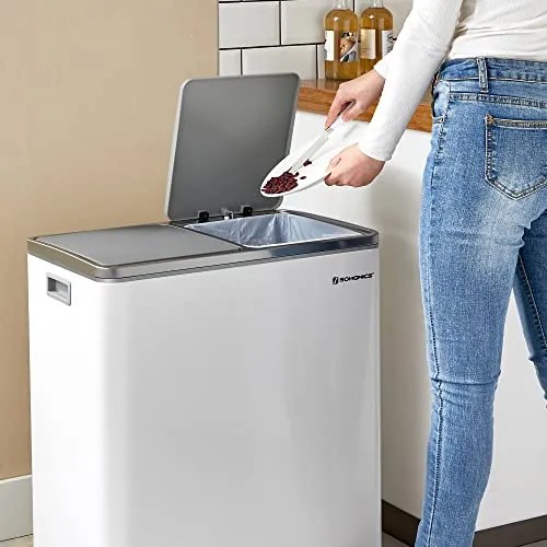 SONGMICS dupla szemetes, fém szelektív hulladékgyűjtő 15 szemeteszsákkal, 2 × 30 L, fehér–szürke