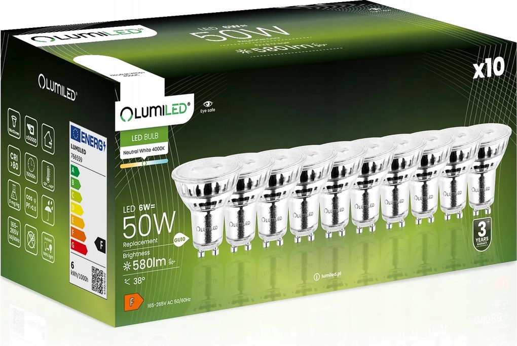 10x Led izzó GU10 6W 50W 580lm 4000K Semleges 38° Üveg Lumiled