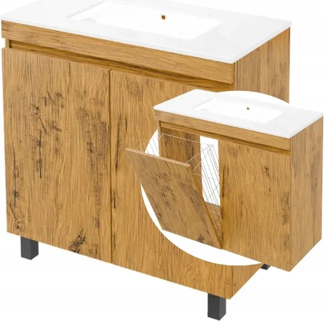 Fürdőszobai mosdóval és szennyestartó kosárral ellátott szekrény Függő álló tölgy Loft 80