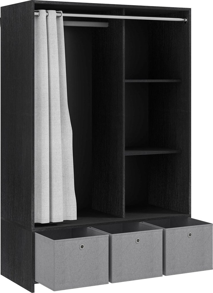 HOMCOM Gardrób szekrény, függönnyel, ruhás szekrény hálószobába, akasztós szekrény, 3 rekesszel és 3 levehető textil fiókkal - 105 x 48 x 160 cm, feke
