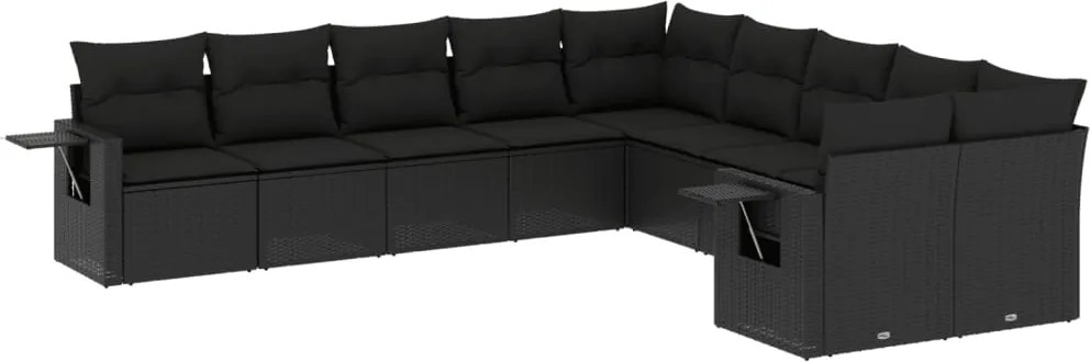vidaXL 10 részes fekete polyrattan kerti ülőgarnitúra párnákkal