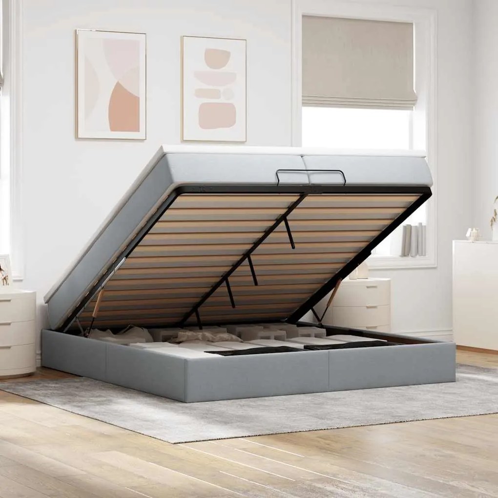 Ottomán ágykeret matracokkal Világosszürke 200x200cm szövet