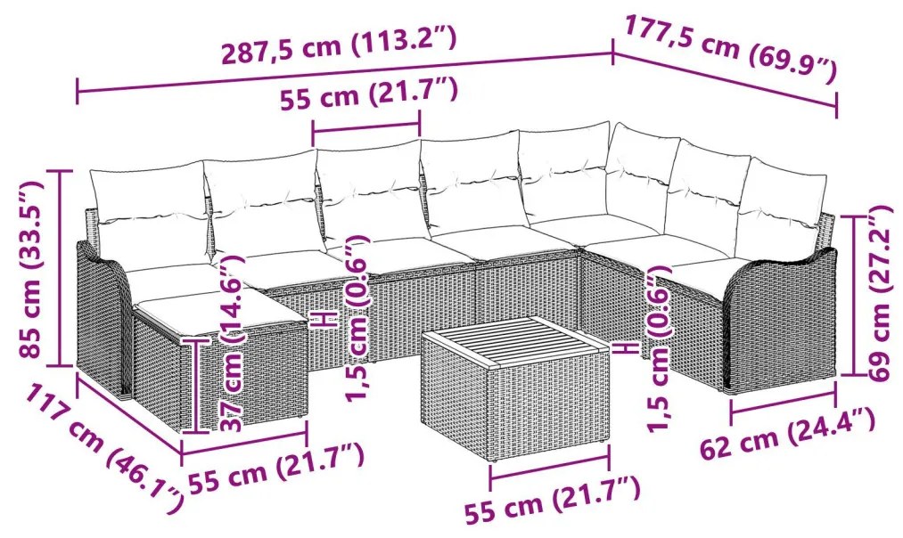 9 részes kertibútor szett párnákkal fekete poli rattan akácia, 2-fős kertibútor párnákkal fekete poli rattan