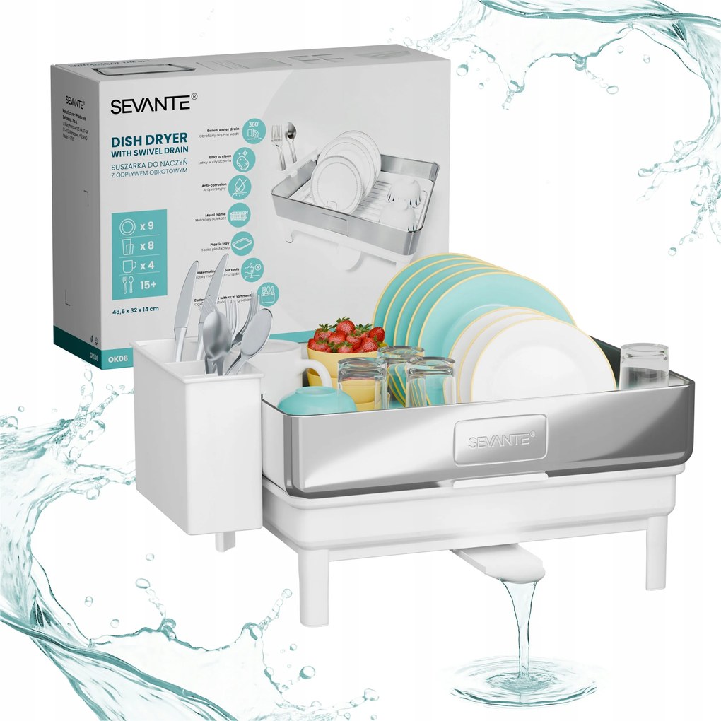 Csepegtető konyhai tányérszárító fehér, forgatható lefolyóval