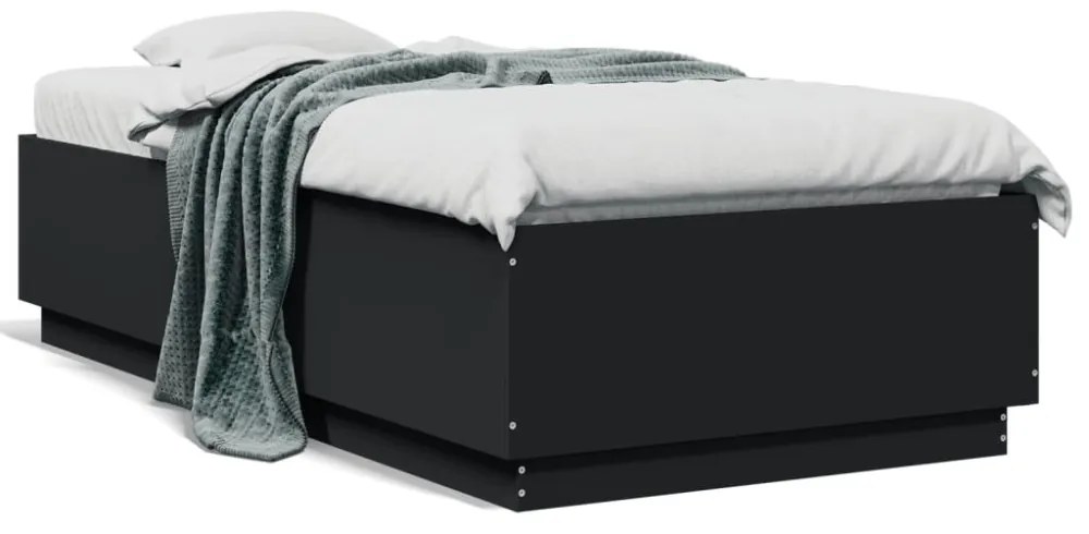 fekete szerelt fa ágykeret LED-világítással 90 x 190 cm