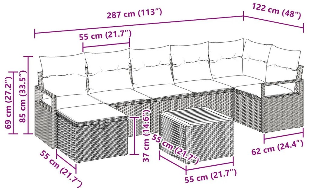 8 darabos kerti kanapé szett párnákkal, szürke, polirattan, 2 személyes kerti kanapé párnákkal, szürke, polirattan