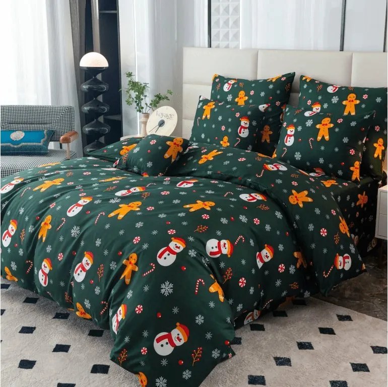 Polipamut ágynemű SNĚHULÁK ÉS MÉZESKALÁCS POLY zöld Ágyneműhuzat mérete: 2 db 70 x 90 cm | 200 x 220 cm