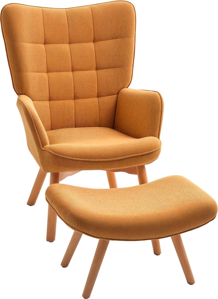 HOMCOM Karosszék Lábpihentetővel, Magas Hátú Szárnyas Szék, Fából készült Lábakkal, Stílusos Karosszék Göndör Mintázattal, Corduroy Hatású, Nappaliba,