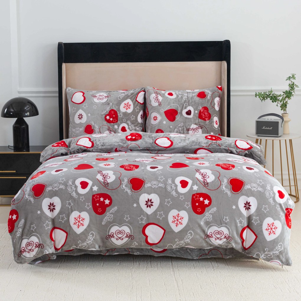 Mikroplüss ágynemű szett CHRISTMAS HEART szürke + mikroplüss lepedő SOFT 90x200 cm fehér, egyszemélyes ágyhoz