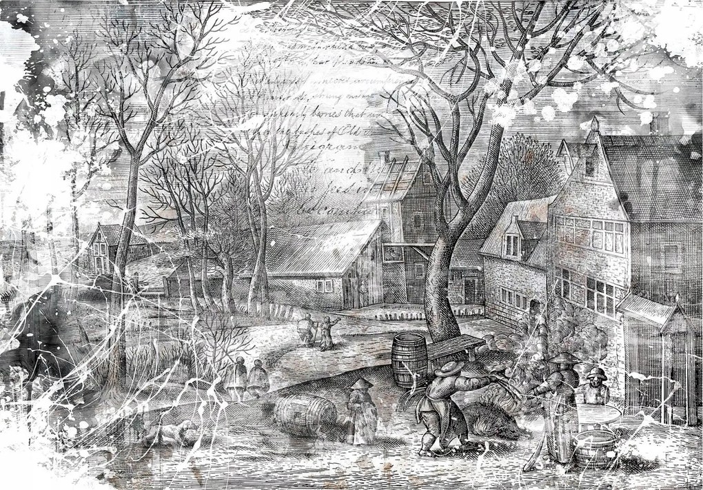 Flizelin fotótapéta Téli falu Fekete-fehér grafika 368x254 +ragasztó