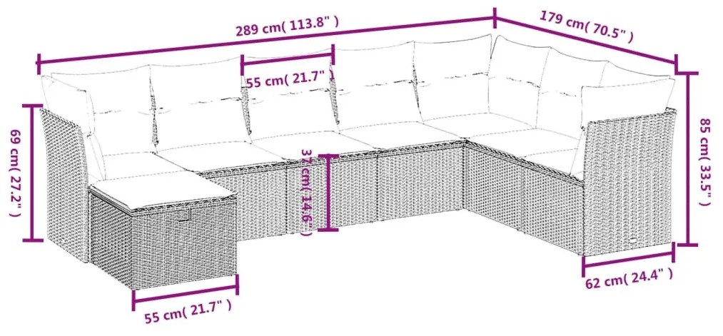 8 részes világosszürke polyrattan kerti ülőgarnitúra párnával