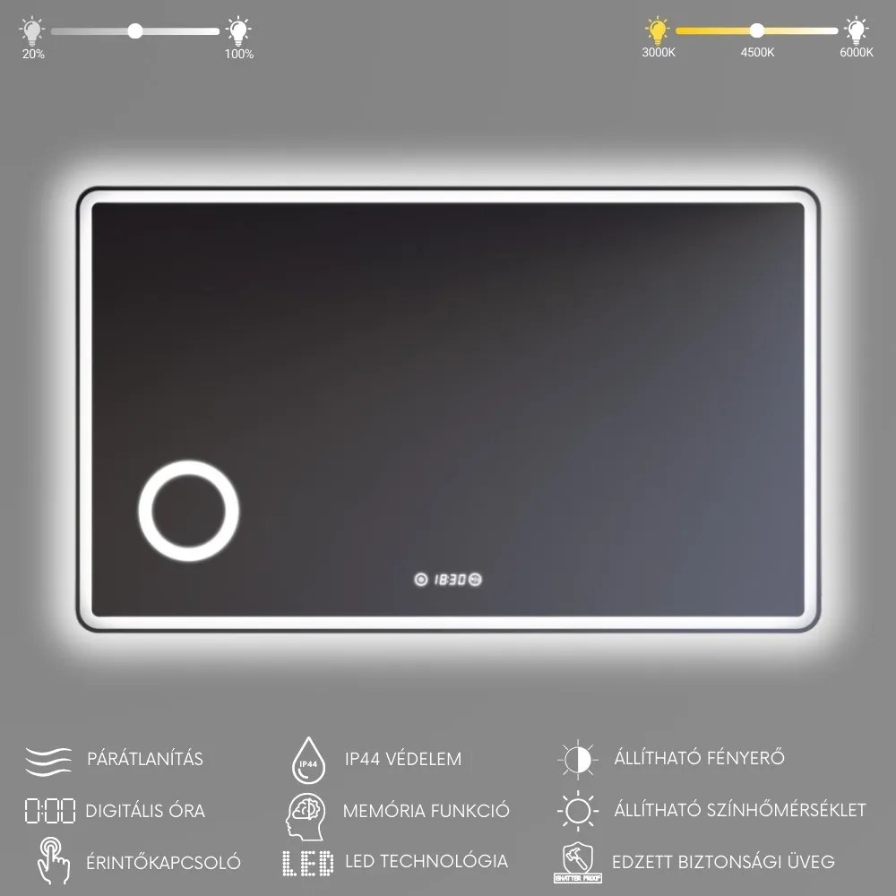Fürdőszobai LED tükör 120x75cm | Páramentesítő - Kozmetikai tükör - Fényerő + színhőfok állítás - Digitális óra | Welland Luxury-Line G1094