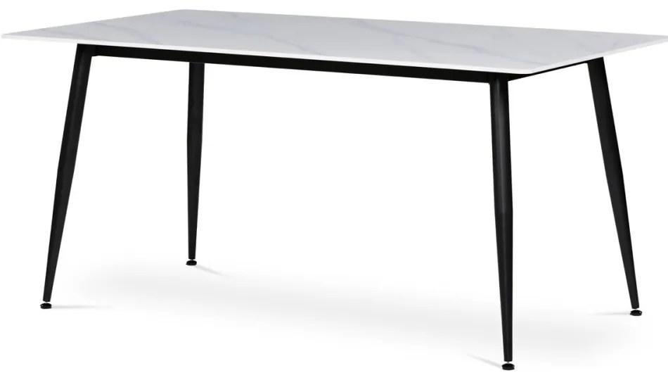 Masă albă cu efect de marmură, cu blat din ceramică, picioare din metal negru. Dimensiuni: 160x90x76 cm. HT-406
