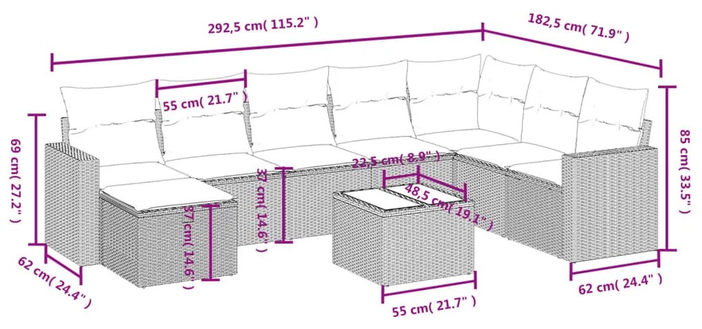 9 részes fekete polyrattan kerti ülőgarnitúra párnákkal