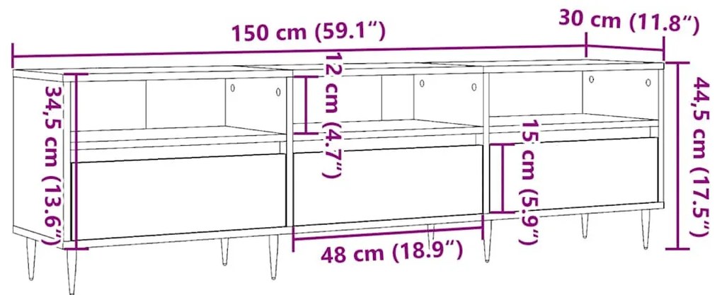 antik fa színű szerelt fa TV-szekrény 150 x 30 x 44,5 cm