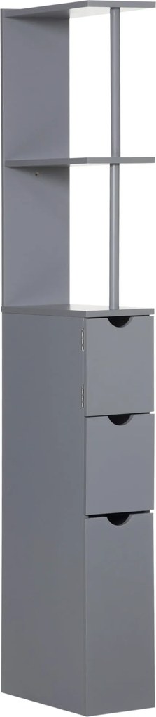 HOMCOM Modern Fürdőszobai Segédoszlop Szürke Fürdőszekrény 2 Polccal, 2 Fiókkal és 1 Felborulásgátló Ajtóval 15x33x136.5 cm | Aosom