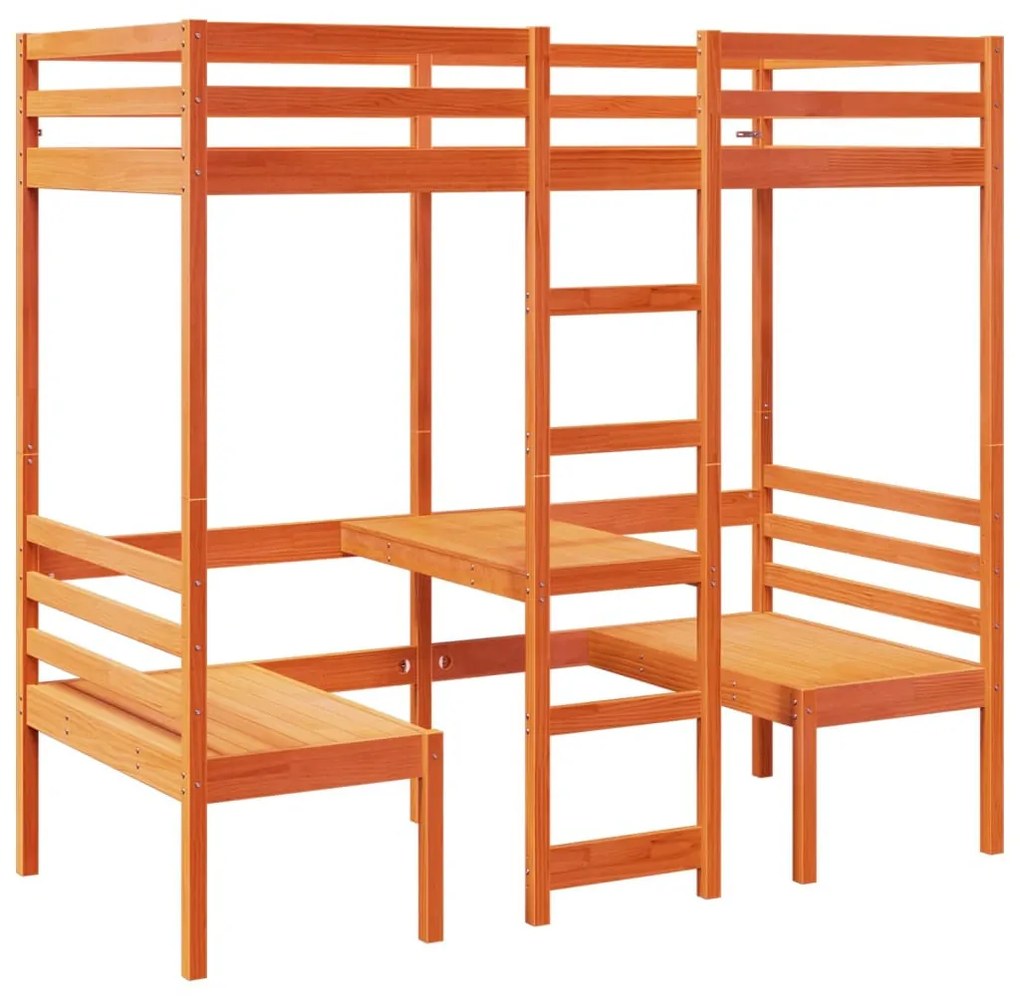 barna fenyő galériaágy-keret asztallal és székekkel 90 x 200 cm