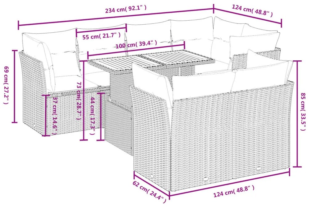 8 részes szürke polyrattan kerti ülőgarnitúra párnákkal