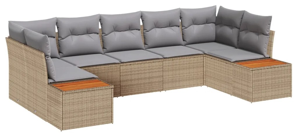 7 Részes Kerti Sofa Készlet Párnákkal Bézs Poli Rattan Akác