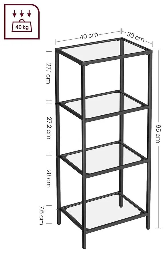 4 szintes üvegpolc, könyvespolc, fekete