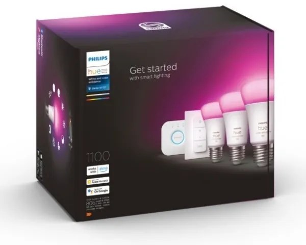 Philips Hue WACA kezdőkészlet – 3× E27/9W, 2000–6500 K + Hue Bridge és fényerőszabályzó kapcsoló