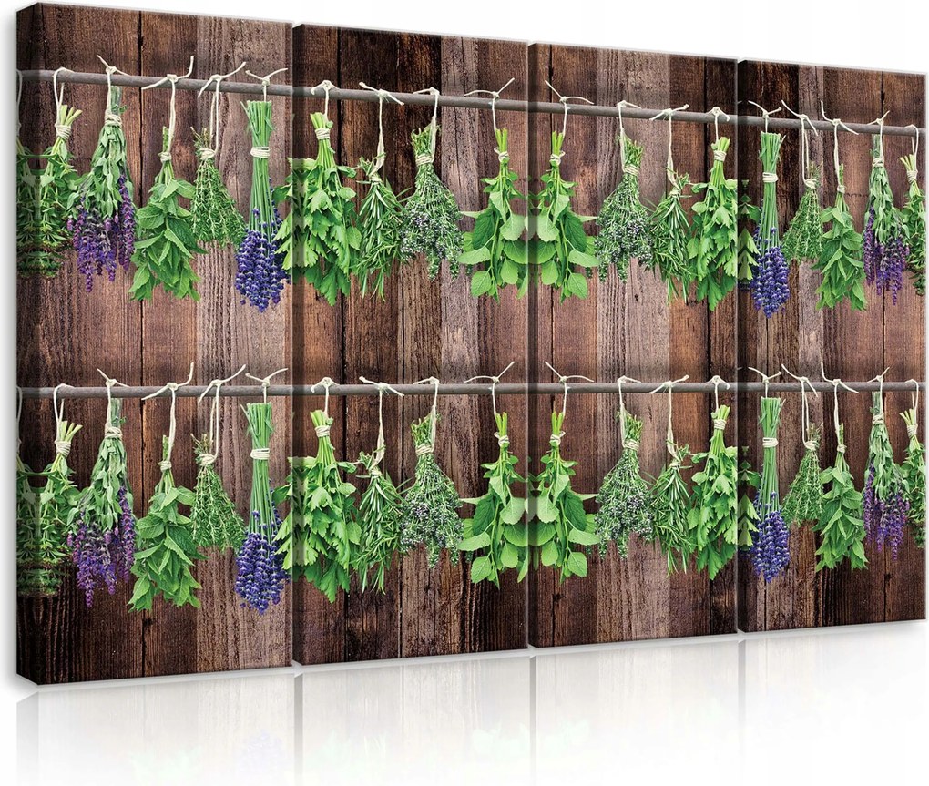 Vászonkép 120x80 Friss gyógynövények levendula szárított gyógynövények fa háttér természet