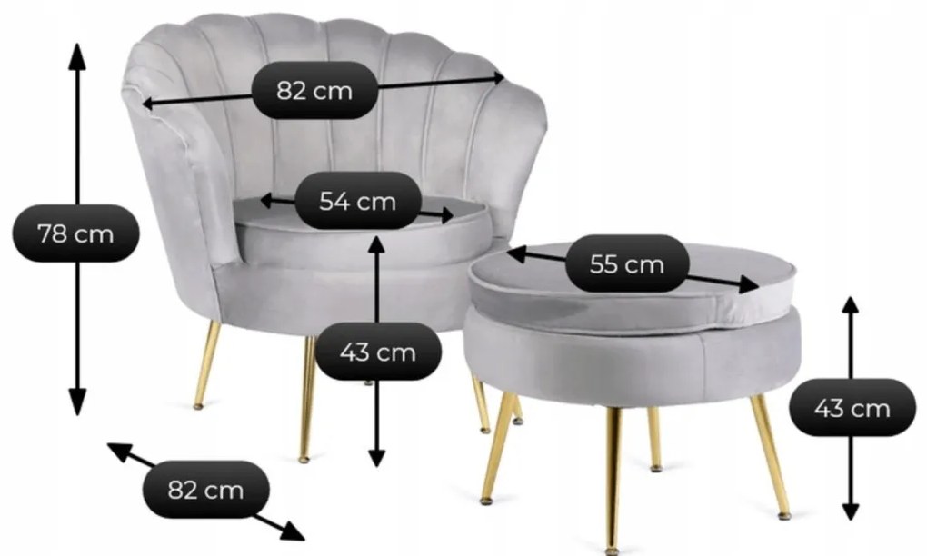 Elegáns Fotel Lábtartóval Szürke Bársony Kárpittal. GRAND