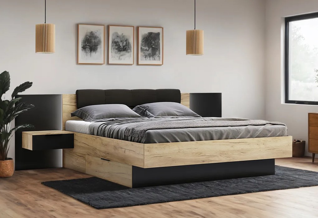 DOTA francia ágy + ágyrács és éjjeli szekrények, 160x200, tölgy artisan/fekete