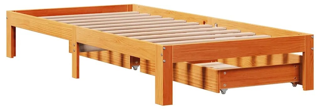 viaszbarna tömör fenyőfa ágykeret fiókokkal 75 x 190 cm