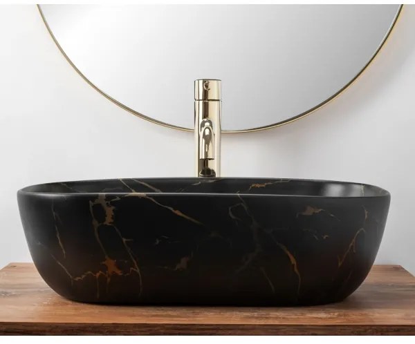 REA-U8908 - Ráültethető mosdó BELINDA 33,5x46,5 cm kerámia/fekete/márványmintás dekor