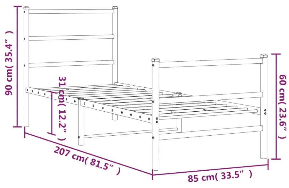 fehér fém ágykeret fej- és lábtámlával 80 x 200 cm