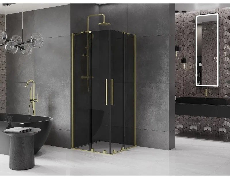 Mexen Velar Duo, zuhanykabin tolóajtóval 90 x 90 cm, 8mm szürke üveg, arany matt, 871-090-090-42-55