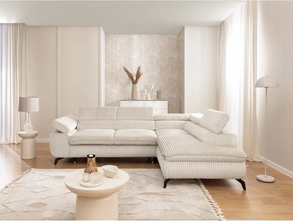 Krémszínű kordbársony sarokkanapé (jobb oldali-L alakú) Marbeya – Ropez