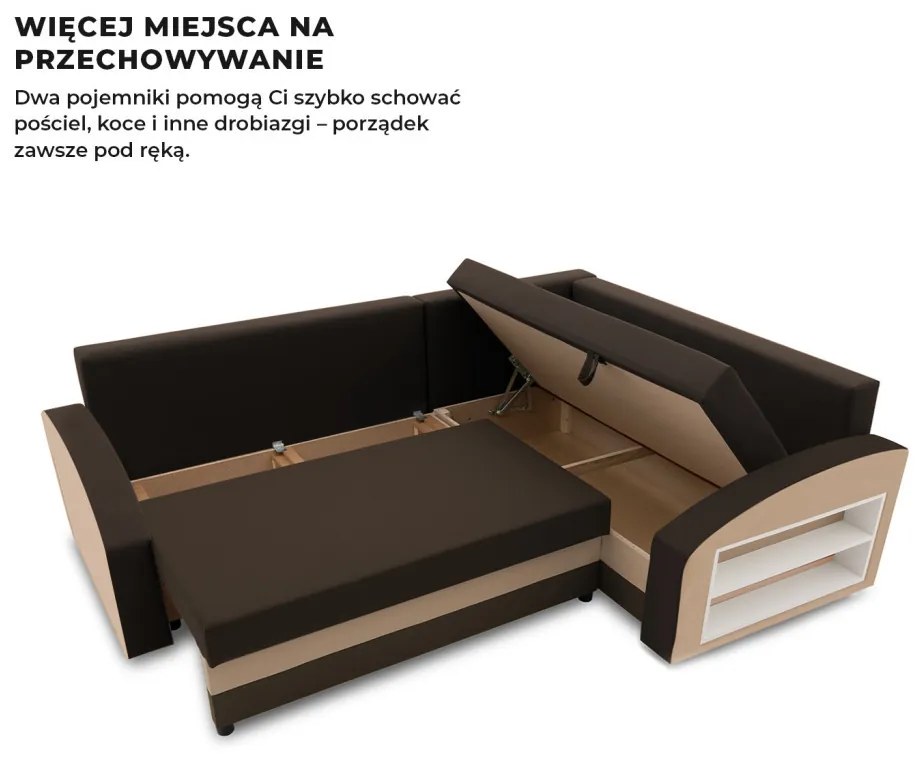 Grande sarokkanapé polcokkal , polc a jobb karfaban, jobboldali, szövet anyag, bonell töltet, barna