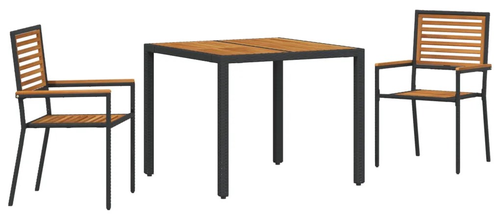 3 darabos Kerti Étkező Szett Fekete Poly Rattan Akácia, Egymásra Rakható Kerti Székek Párnákkal 2 db Fekete Poly Rattan