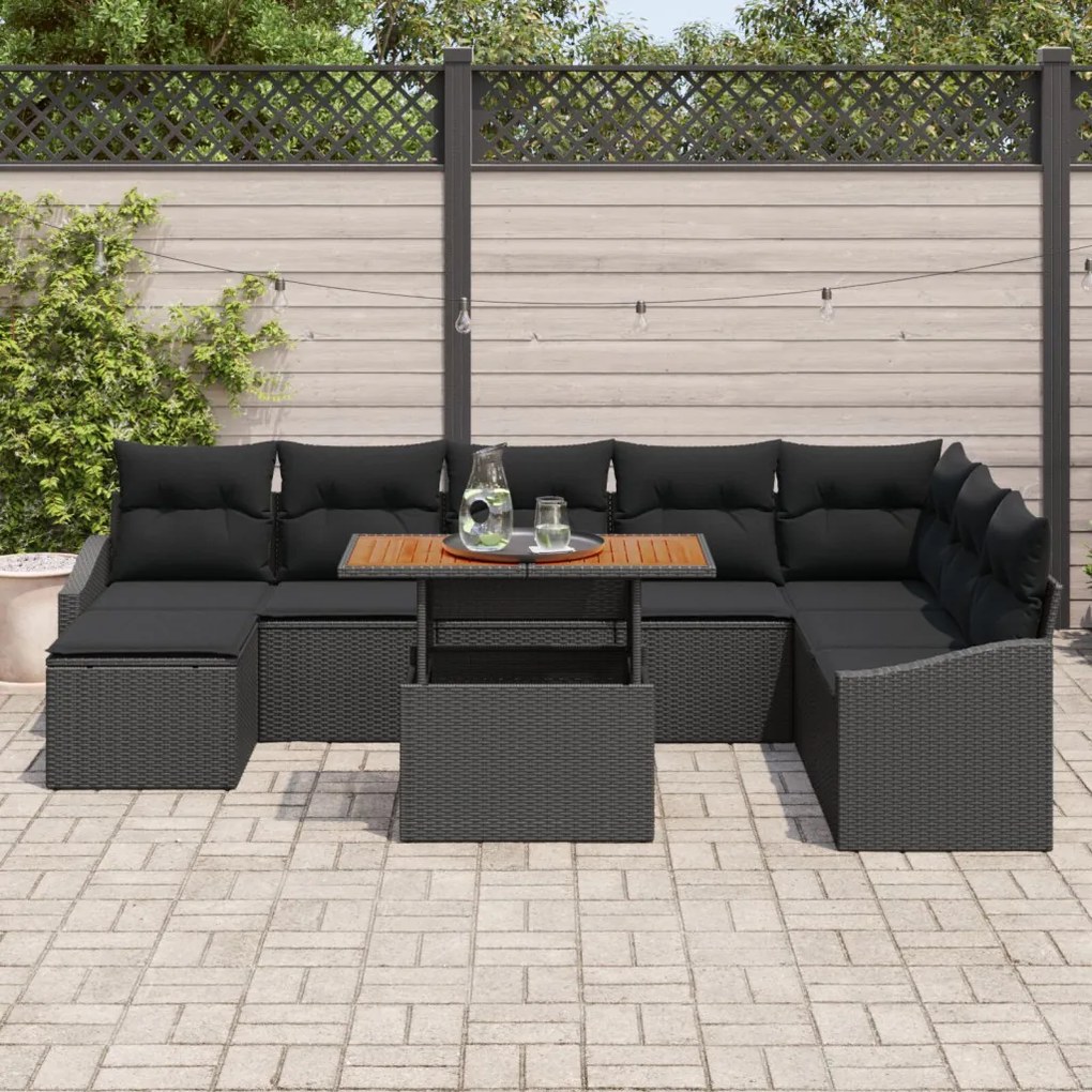 9 részes Kerti Étkezõ Szett Párnákkal Fekete Polyrattan Akácia