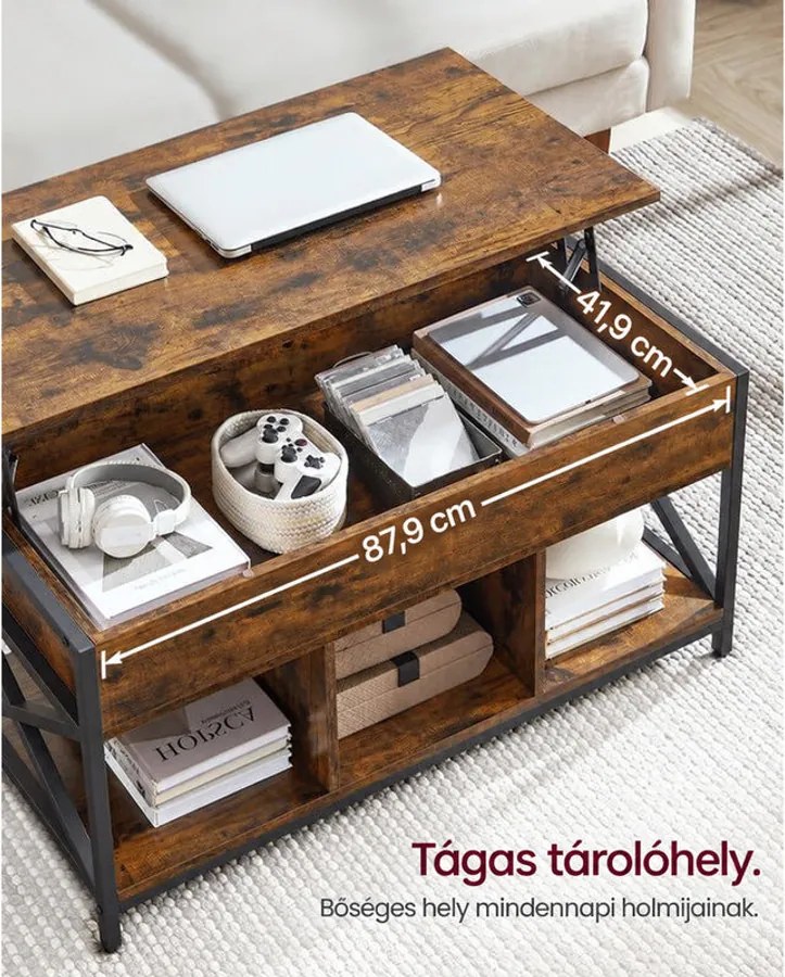 Emelhető tetejű dohányzóasztal 50 × 100 × (49–62 cm), barna és fekete színben