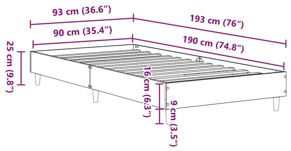 betonszürke szerelt fa ágykeret matrac nélkül 90 x 190 cm