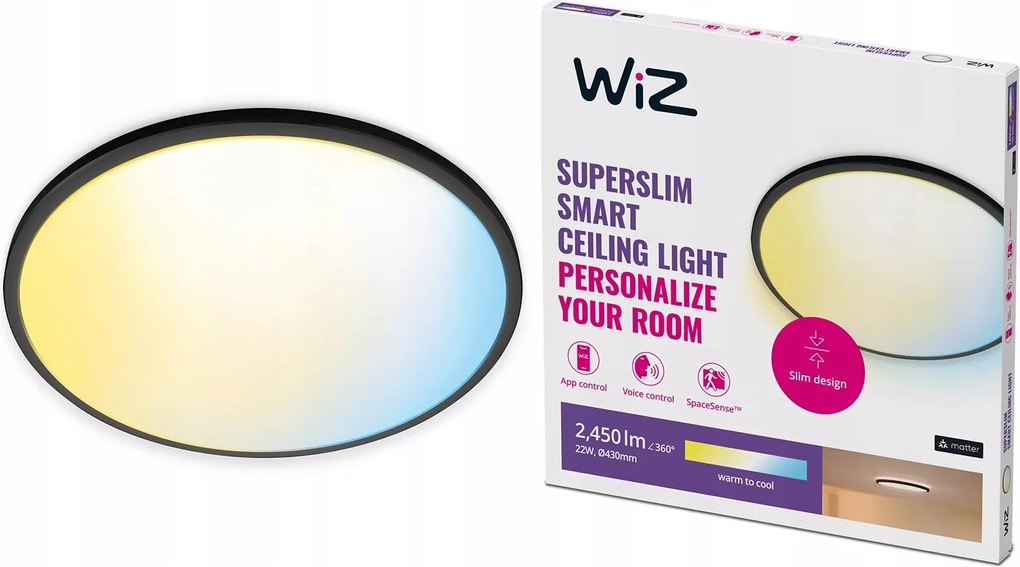 Plafon Led Mennyezeti Lámpa Falra szerelhető 22W Cct Fekete Kerek Smart WiFi WiZ