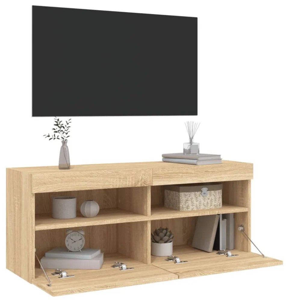 sonoma tölgy színű fali TV-szekrény LED-ekkel 100x30x40 cm
