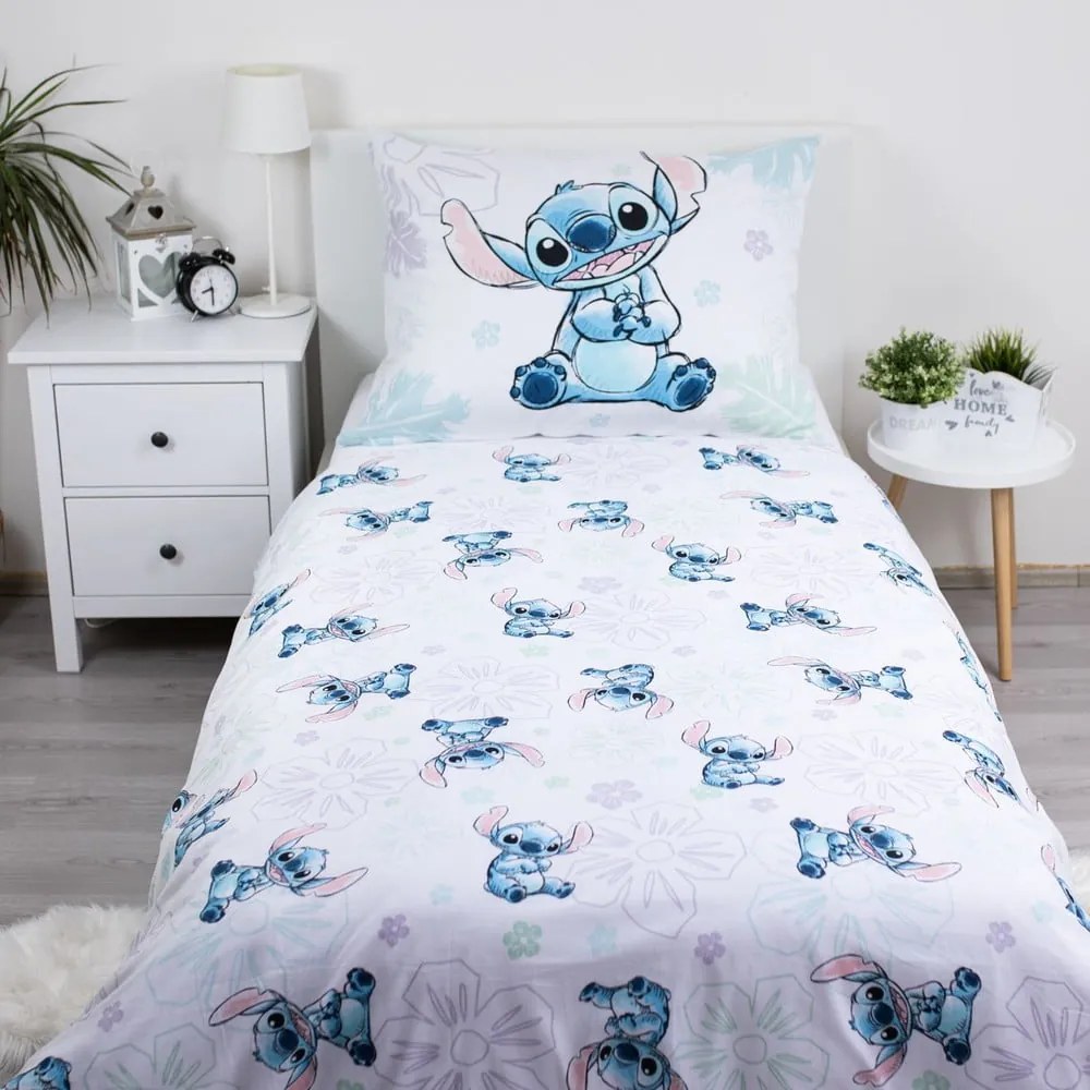 Fehér egyszemélyes pamut gyerek ágyneműhuzat 140x200 cm Lilo and Stitch "Ohana White" – Jerry Fabrics