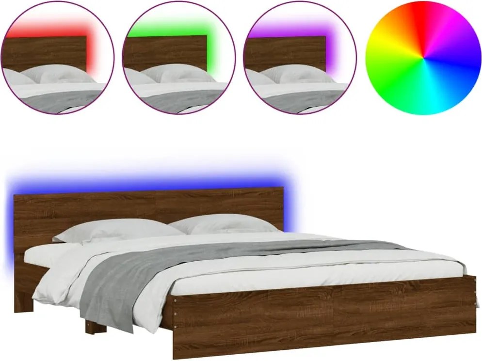vidaXL barna tölgy ágykeret fejtámlával és LED-del 200 x 200 cm