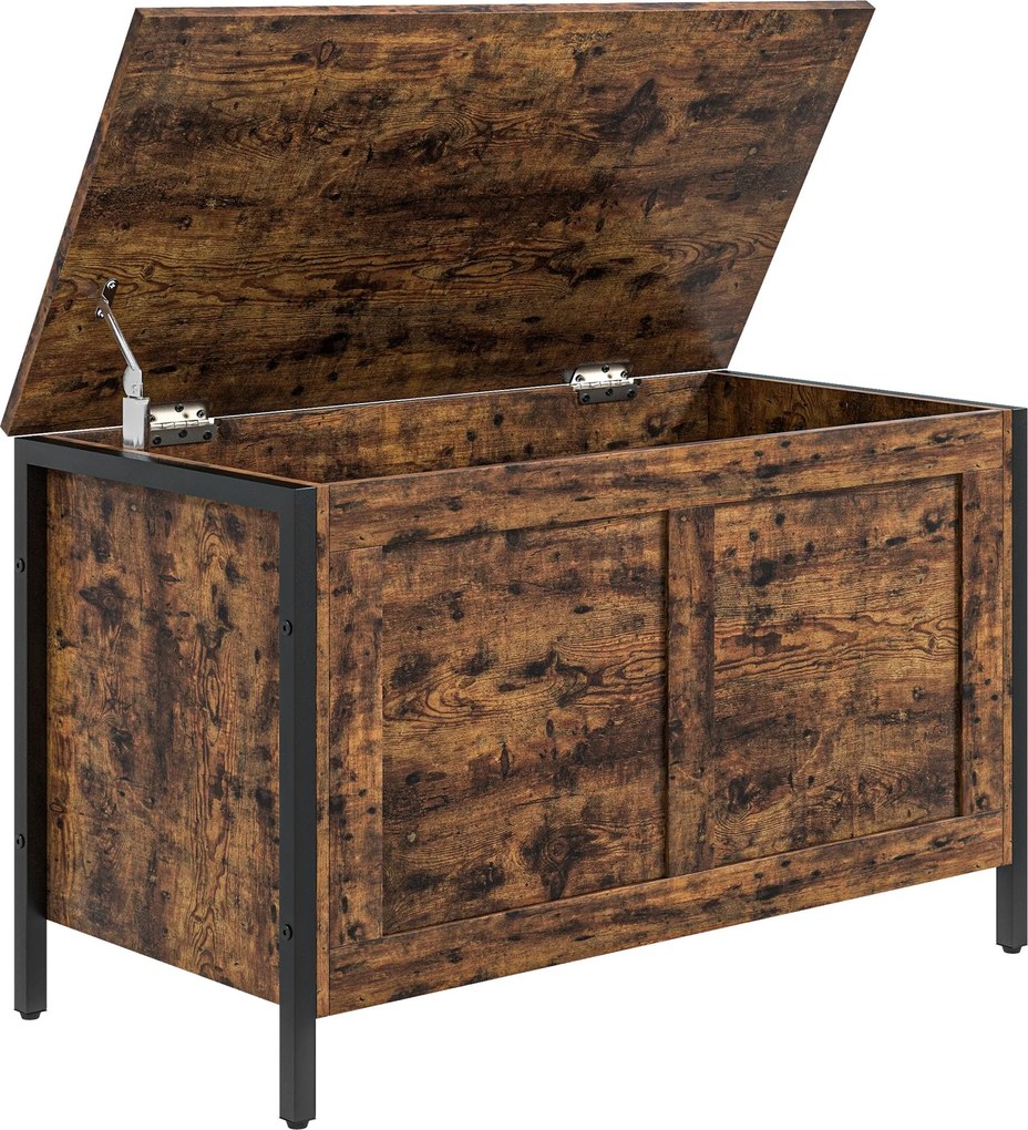 HOMCOM 95L Ipari Stílusú Tároló Láda Biztonsági Zsanérral, Többfunkciós Tároló Pad a Nappaliba és Az Előszobába, 80x40x49cm, Rusztikus Barna | Aosom