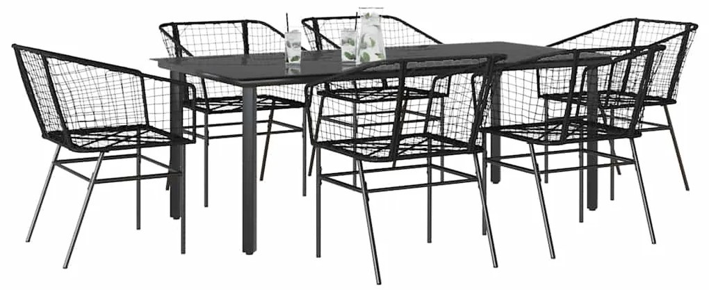 vidaXL 7 részes fekete polyrattan üveg kerti étkezőgarnitúra