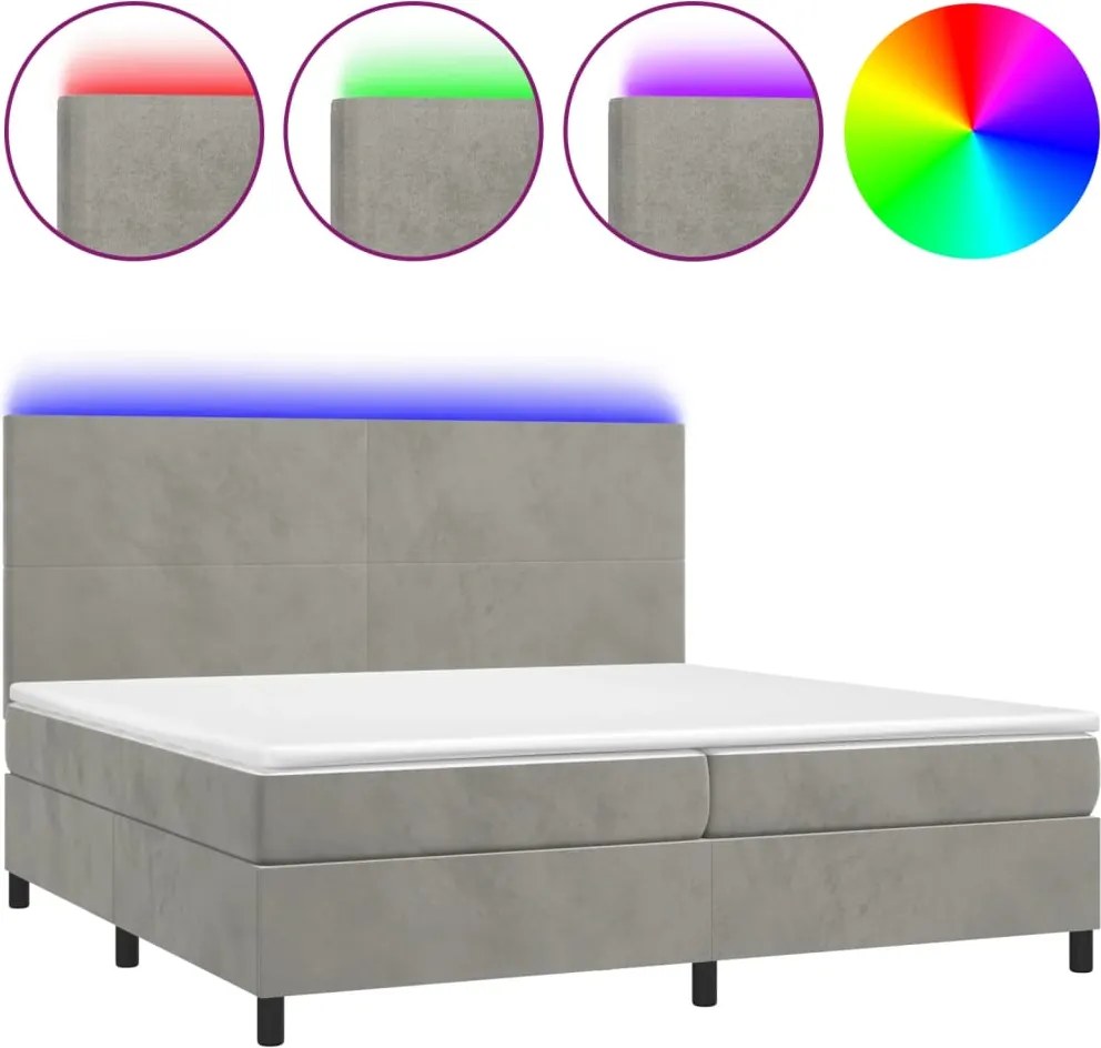 vidaXL világosszürke bársony rugós és LED-es ágy matraccal 200x200 cm