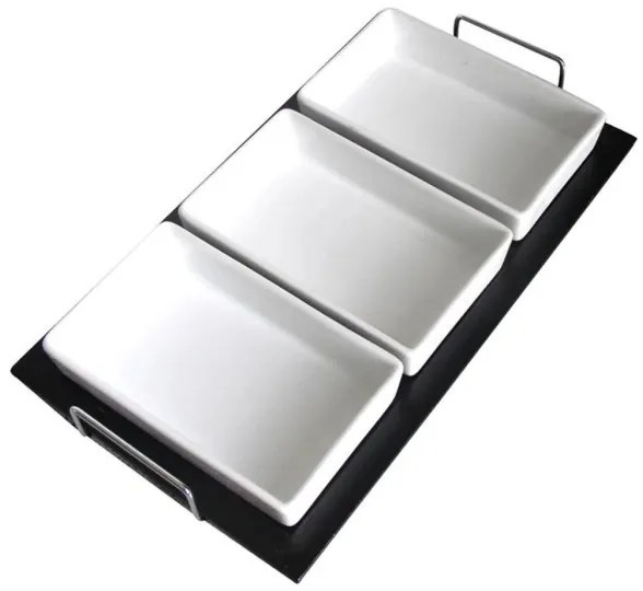 TORO 3 darabos tálkakészlet tálcával, kerámia és fa