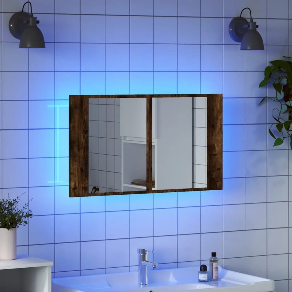 füstös tölgy akril LED-es tükrös fürdőszobaszekrény 80x12x45 cm