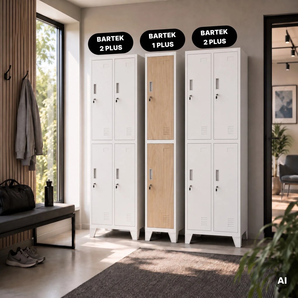 Öltözőszekrény fém munkahelyi mély 2 ajtós fehér/sonoma tölgy, 292x1720x600 mm: BARTEK 1 Plus D600 Eco Design